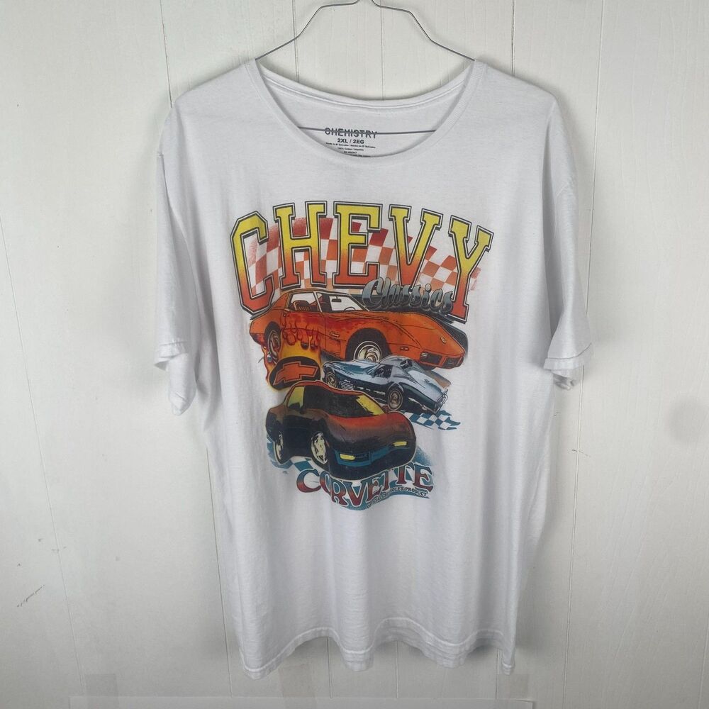 Chemistry 2XL Chevy Classics Corvette Graphic Tee in White Oversized t-shirt